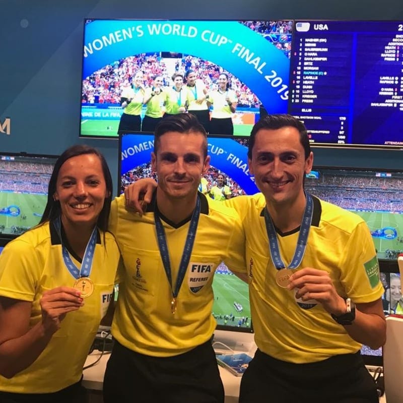 Mariana de Almeida, Carlos del Cerro Grande and José María Sánchez, after the final of the FIFA Women World Cup 2019