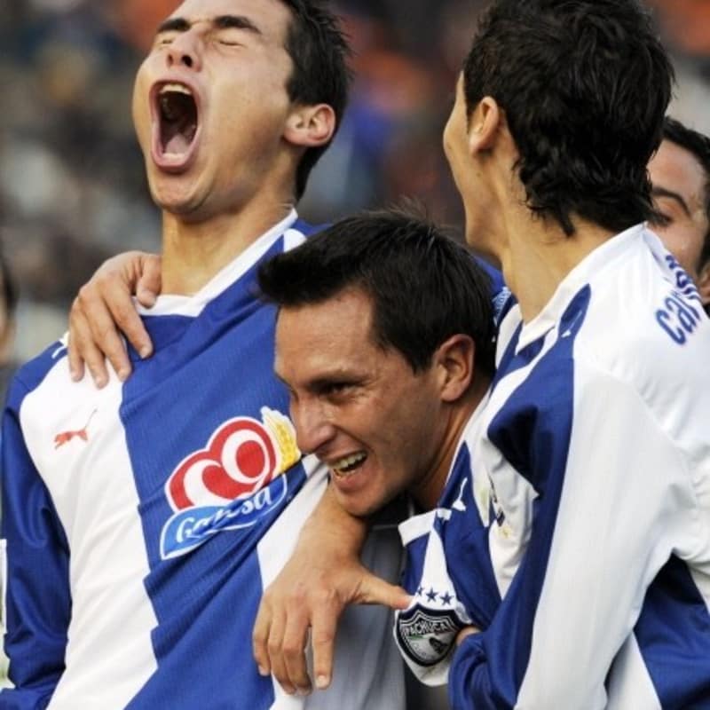 Mexican club team Pachuca forward Christian Gimenez (C) celebrates a goal with teammates