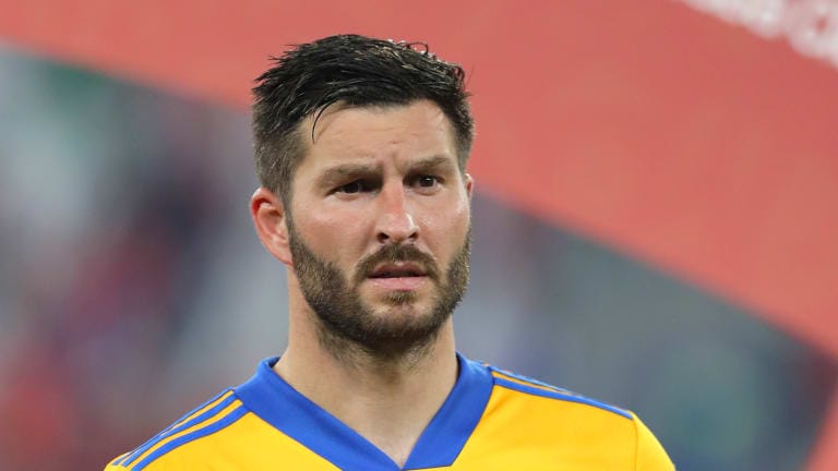 Andre-Pierre Gignac of Tigres UANL poses with the FIFA Club World Cup Qatar 2020 adidas silver ball trophy