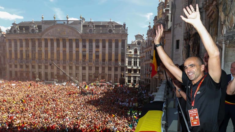 Welcome ceremony for the Belgian Red Devils on the Grand Place of Brussels Belgium - Brussels, Belgium - July 15, 2018. Belgian soccer team coach Roberto Martinez waves to the fans while appearing on the balcony of the city hall at the BrusselsÕ Grand Place, after taking the third place in the World Cup 2018, in Brussels, Belgium July 15, 2018.