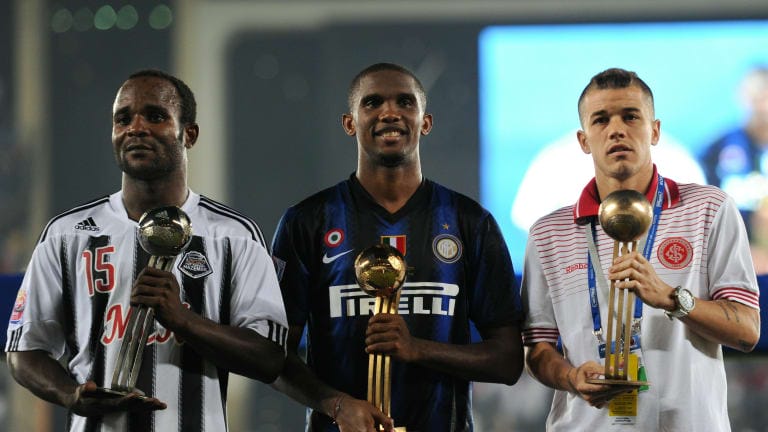 Golden ball award winner Samuel Etoo of FC Internazionale Milano poses