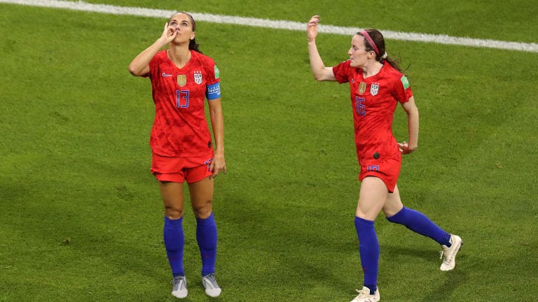 Alex Morgan of the USA celebrates with teammate Rose Lavelle after scoring