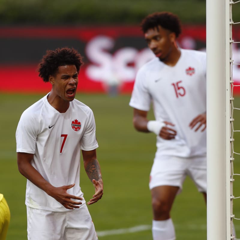 Tajon Buchanan #07 of Canada reacts during his side's Tokyo 2020 qualifier against Haiti