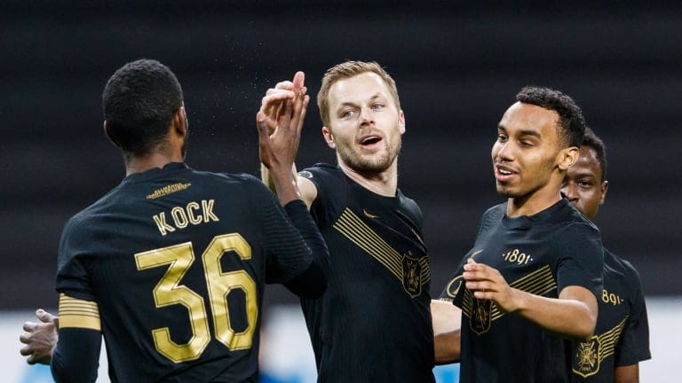 AIKs Sebastian Larsson cheers with Henok Goitom and Bilal Husein