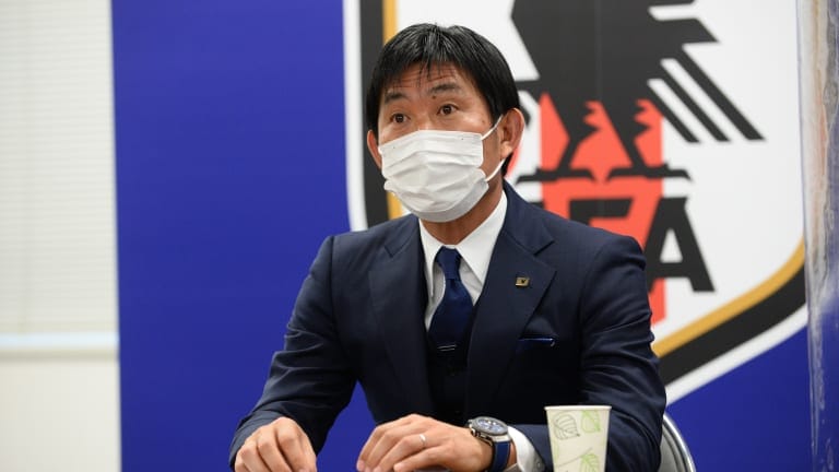 Japan Olympic football team head coach Hajime Moriyasu watches the Tokyo 2020 Olympic Football Tournament draws