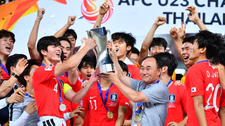 Korea Republic celebrate winning the 2020 AFC U-23 Championship.