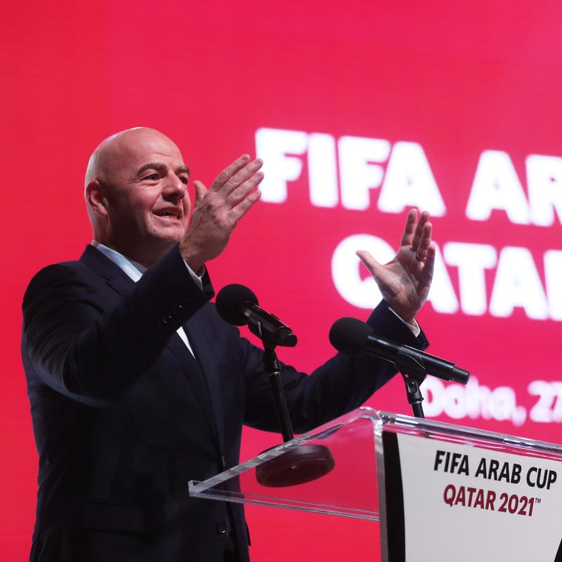 FIFA President Gianni Infantino speaks on stage during the FIFA Arab Cup Qatar 2021 Official Draw