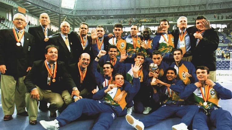 Brazil celebrate winning the FIFA Futsal World Cup Spain 1996