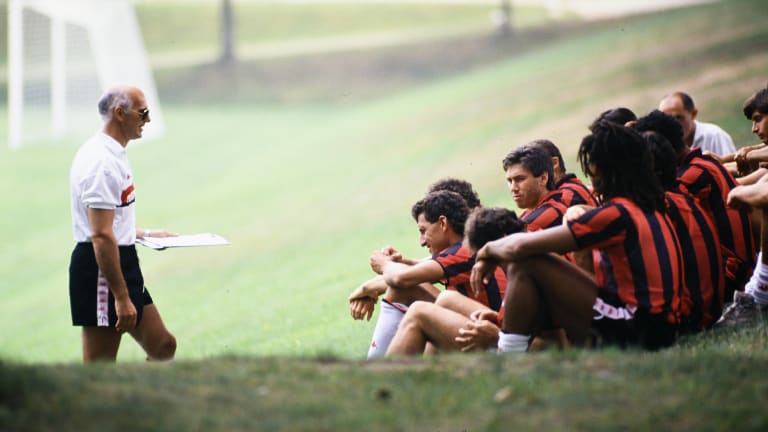 Arrigo Sacchi on the training ground with AC Milan, 1989-90