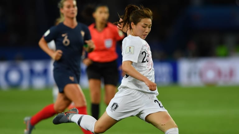 Korea Republic forward Kang Chaerim takes a shot