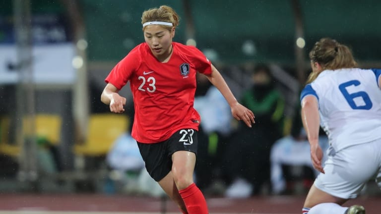 Korea Republic forward Kang Chaerim in action