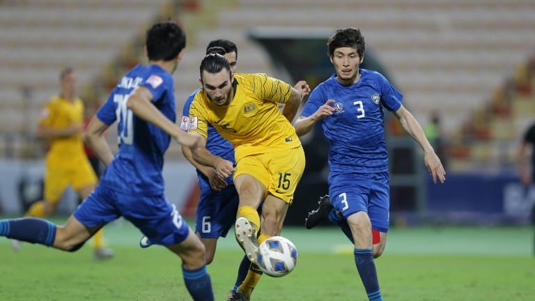 Nick D’Agostino scores the goal against Uzbekistan which secured Australia's qualification for Tokyo 2020
