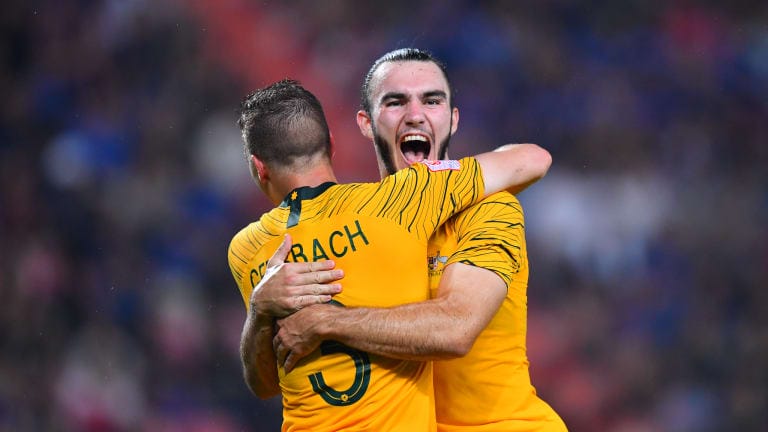 Nicholas D'Agostino of Australia celebrates scoring against Thailand