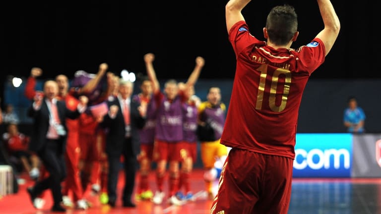 Rafael Usin of Spain celebrates his goal during the Futsal Euro 2014 Quarter Final match between Slovenia and Spain