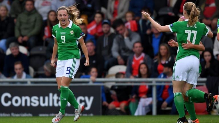 Simone Magill of Northern Ireland celebrates scoring her sides first goal during the UEFA Womens Euro Qualifier match between Wales and Northern Ireland at Rodney Parade on September 03, 2019 in Newport, Wales.
