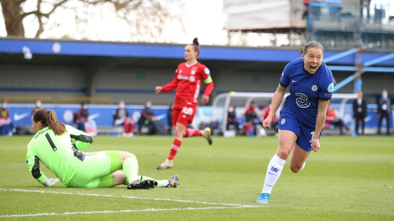 Fran Kirby celebrates scoring a goal in the UEFA Women's Champions League semi-finals