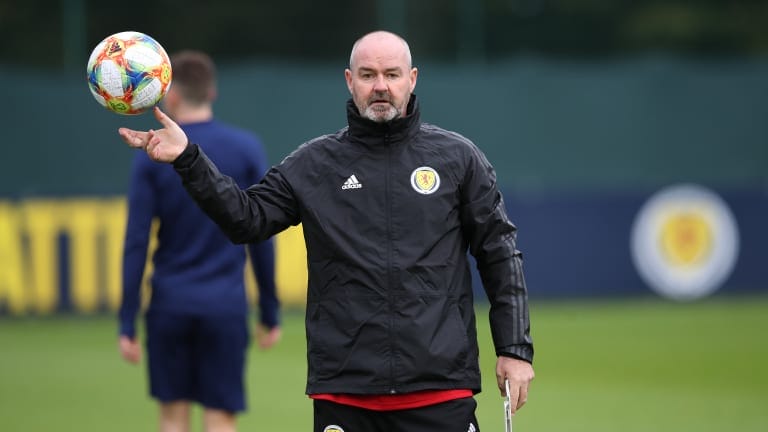Scotland Head Coach Steve Clarke is seen during a training session at Oriam on October 07, 2019 in Edinburgh, Scotland.
