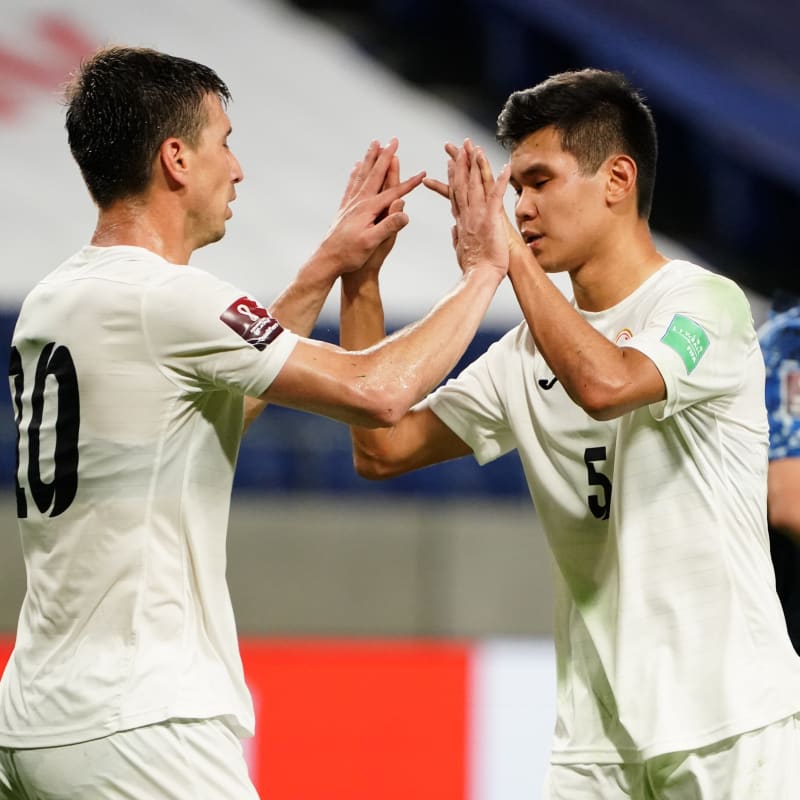 Mirlan Murzaev (L) of Kyrgyz Republic reacts after scoring his side's first goal with his team mate Aizar Akmatov 
