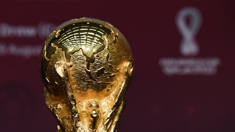 The FIFA World Cup Trophy is pictured at the Preliminary Draw for Concacaf Qatar 2022 qualifiers