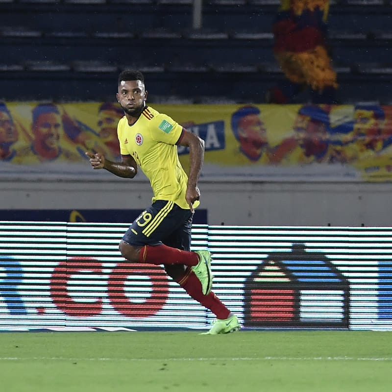 Miguel Borja of Colombia celebrates after scoring the tying goal against Argentina