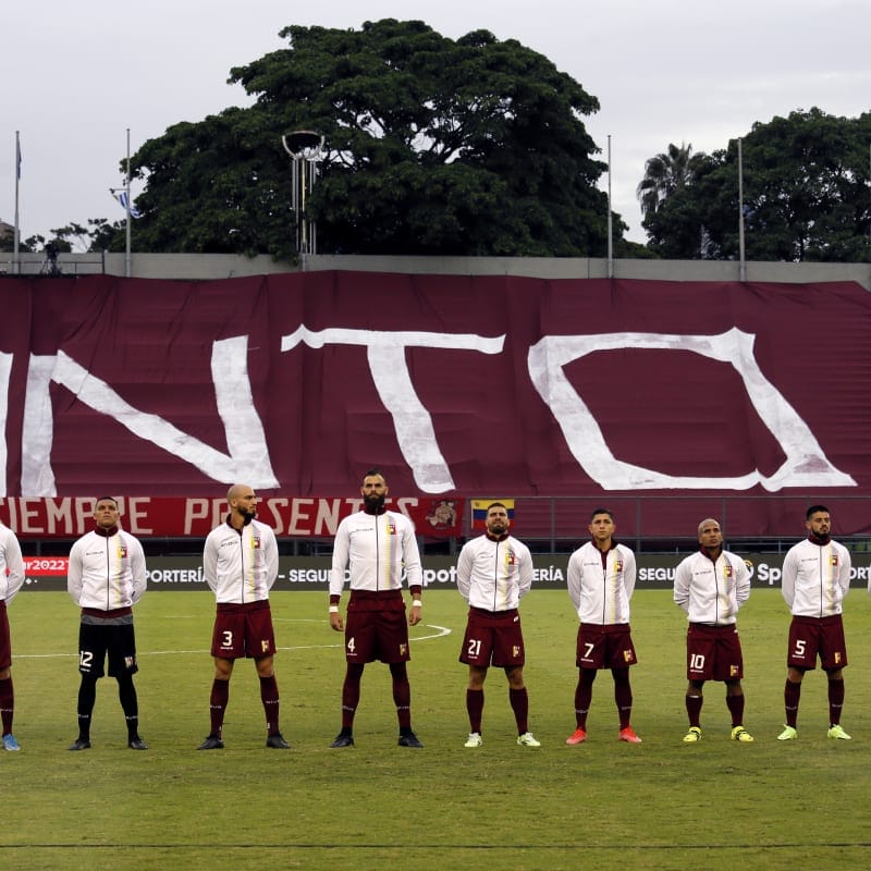 Players of Venezuela line up prior to a match between Venezuela and Uruguay