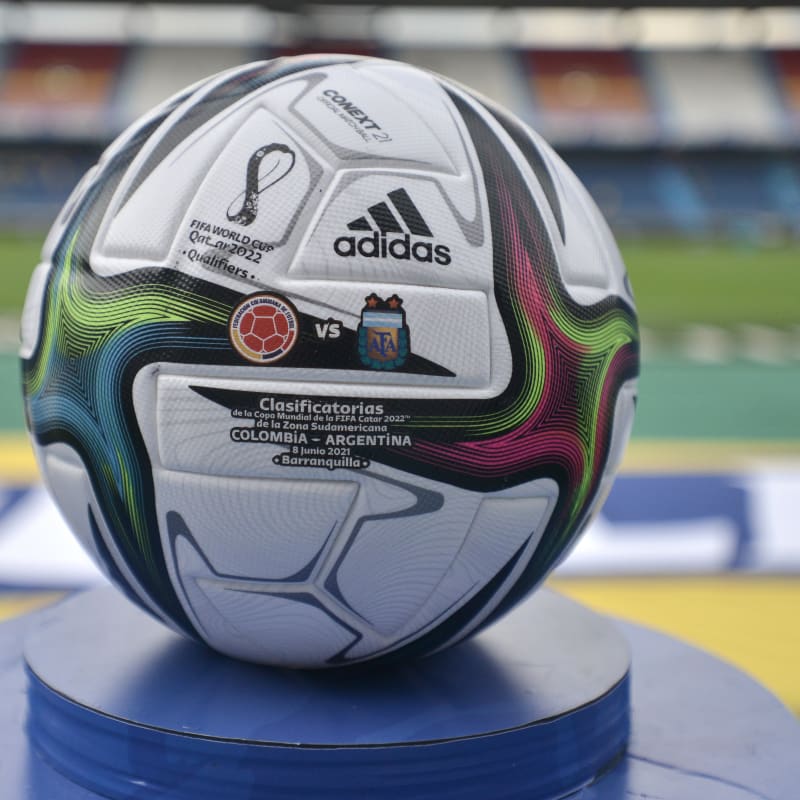 Detail of match ball on a plinth before a match between Colombia and Argentina