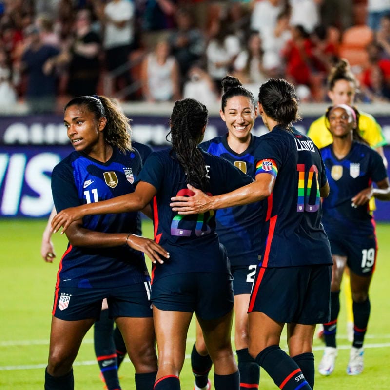 Margaret Purce #20 of United States celebrates with Carli Lloyd #10, Christen Press #23 and Catarina Macario #11&nbsp;