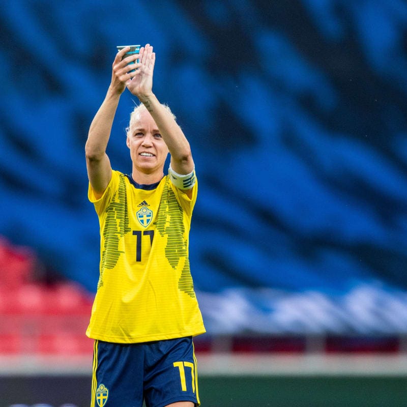 Caroline Seger and Emma Kullberg of Sweden celebrate a win over Norway