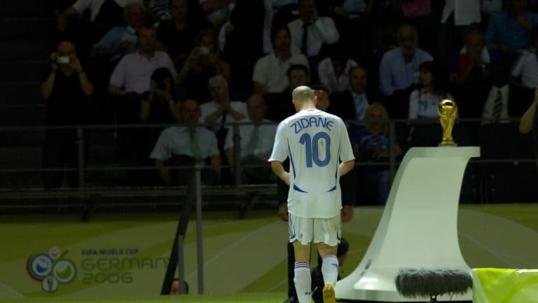 France captain Zinedine Zidane walks past the World Cup trophy on his lonely walk to the dressing room after being sent off in the 2006 Final.