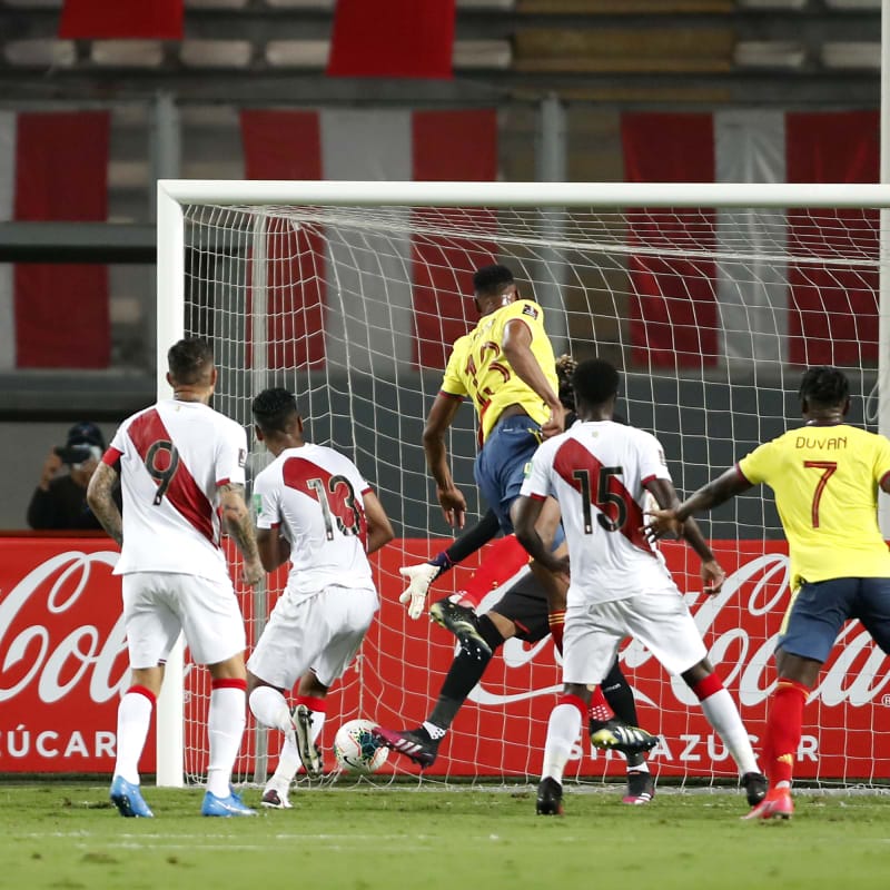 &nbsp;Yerry Mina of Colombia heads the ball to score the first goal&nbsp;