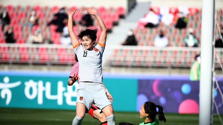 Zhang Xin of China scores a team's first goal during the Tokyo Olympics Women's Football Asian Final Qualifier 1st leg match between South Korea and China at the Goyang Stadium on April 08, 2021 in Goyang, South Korea.