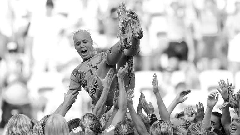 Caroline Seger of Sweden and her teammates celebrate following their sides victory during the 2019 FIFA Women's World Cup France 3rd Place Match match between England and Sweden at Stade de Nice on July 06, 2019 in Nice, France.