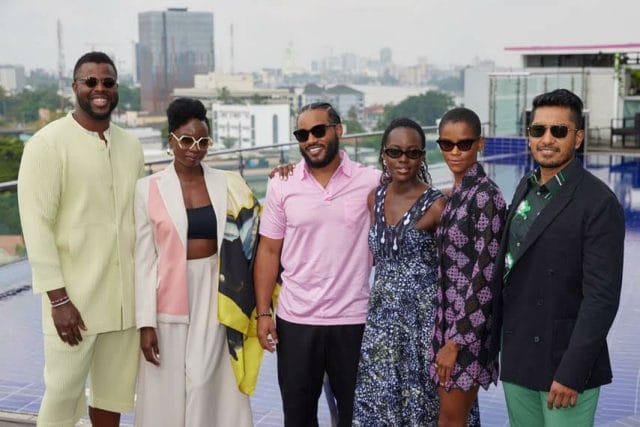 (L to R) Winston Duke, Danai Gurira, Ryan Coogler, Lupita Nyong'o, Letitia Wright and Tenoch Huerta Mejía attend the African Photo Call of Marvel Studios’ “Black Panther: Wakanda Forever” on 6 November in Lagos, Nigeria. (Photo by StillMoving.net for Disney)