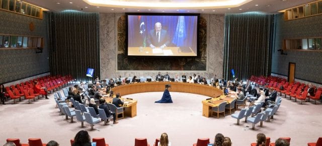 Karim Khan (on screen), Prosecutor of the International Criminal Court (ICC), briefs the UN Security Council meeting on the situation in Libya. Karim Khan (on screen), Prosecutor of the International Criminal Court (ICC), briefs the UN Security Council meeting on the situation in Libya.