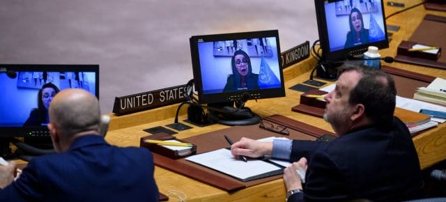 Ghada Fathi Waly (on screens), Executive Director of the United Nations Office on Drugs and Crime, briefs the Security Council meeting on peace and security in Africa. Ghada Fathi Waly (on screens), Executive Director of the United Nations Office on Drugs and Crime, briefs the Security Council meeting on peace and security in Africa.