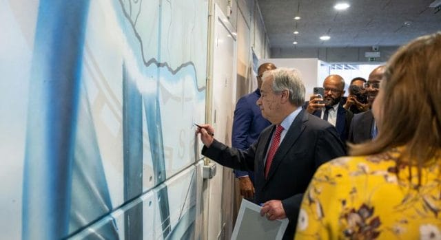 At the Mindelo Ocean Summit, Secretary General António Guterres signs the Ocean Race Wall alongside José Ulisses Correia e Silva, the Prime Minister of Cabo Verde. At the Mindelo Ocean Summit, Secretary General António Guterres signs the Ocean Race Wall alongside José Ulisses Correia e Silva, the Prime Minister of Cabo Verde.