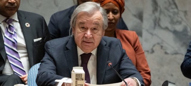 UN Secretary-General António Guterres addresses the Security Council meeting on threats to international peace and security caused by terrorist acts.