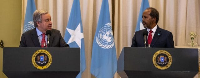 Secretary-General António Guterres (left) meets Somalia’s President Hassan Sheikh Mohamud in Mogadishu, Somalia. Secretary-General António Guterres (left) meets Somalia’s President Hassan Sheikh Mohamud in Mogadishu, Somalia.
