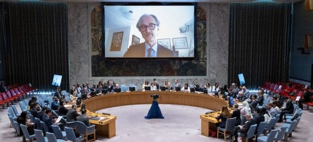Geir Pedersen (on screen), Special Envoy of the Secretary-General for Syria, briefs members of the UN Security Council on the situation in Syria.