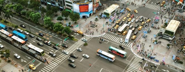 A busy road intersection. A busy road intersection.