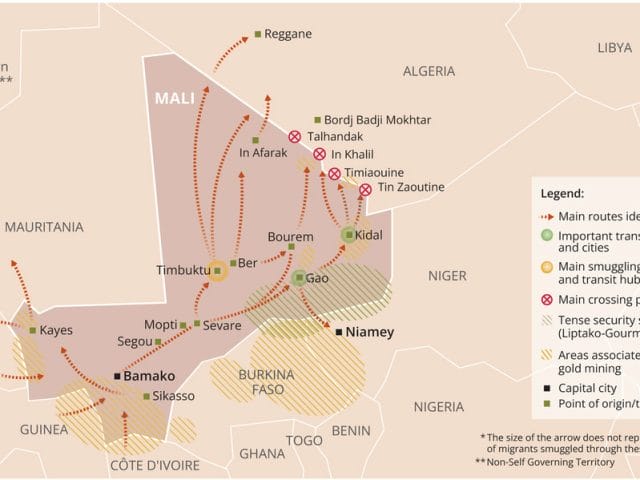 Main migrant smuggling routes in and towards Mali (2020/2021) Main migrant smuggling routes in and towards Mali (2020/2021)