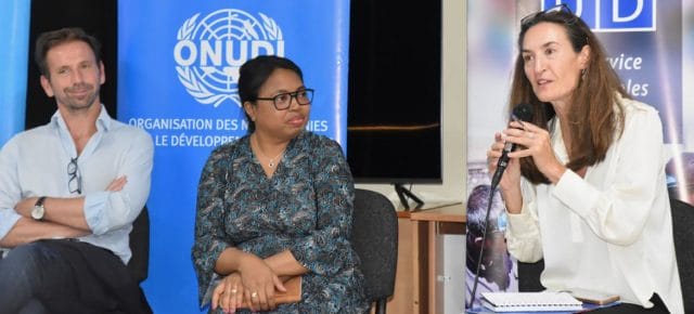 UNICEF’s Deputy Representative, Head of Programmes Gilles Chevalier (left) and UNDP Resident Representative Natasha van Rijn (right) join a discussion on sustainable development in Madagascar. UNICEF’s Deputy Representative, Head of Programmes Gilles Chevalier (left) and UNDP Resident Representative Natasha van Rijn (right) join a discussion on sustainable development in Madagascar.