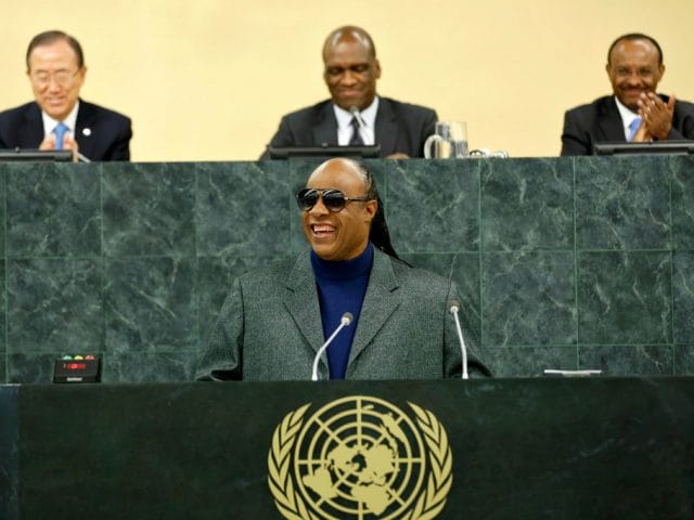 Music legend and UN Messenger of Peace Stevie Wonder addresses the General Assembly's high-level meeting on disability and development in 2013. (file)